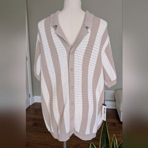 William Rast Men’s Knit Polo Shirt Beige White Button Front Cotton Size L